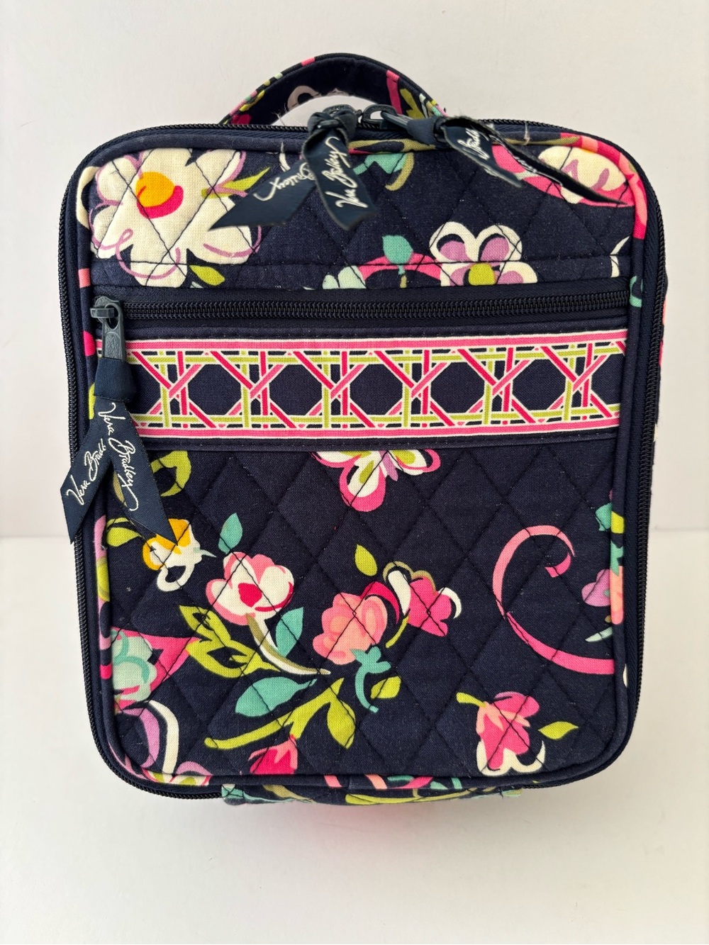 Vera Bradley Navy Quilted Floral Lunch/Travel Bag 8 x 7x 4” outside zip pock